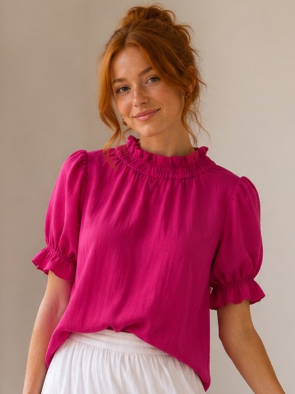 THML Fuchsia Ruffled Neck Puff-Sleeve Blouse